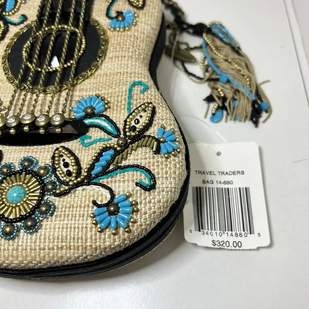 Mary Frances Unplugged Cream Woven and NWT Turquoise Beaded Guitar Bag *RARE - Picture 4 of 16